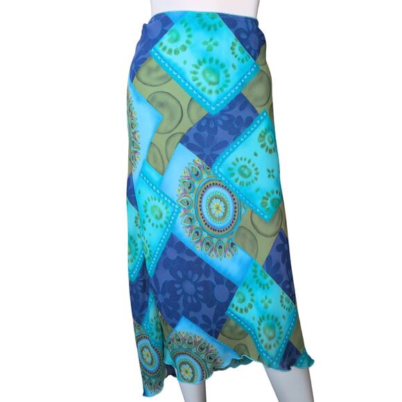 Boho Patchwork Print Midi Skirt Medium Chiffon Asymmetric 90 Y2K Hippie Festival - Picture 1 of 4